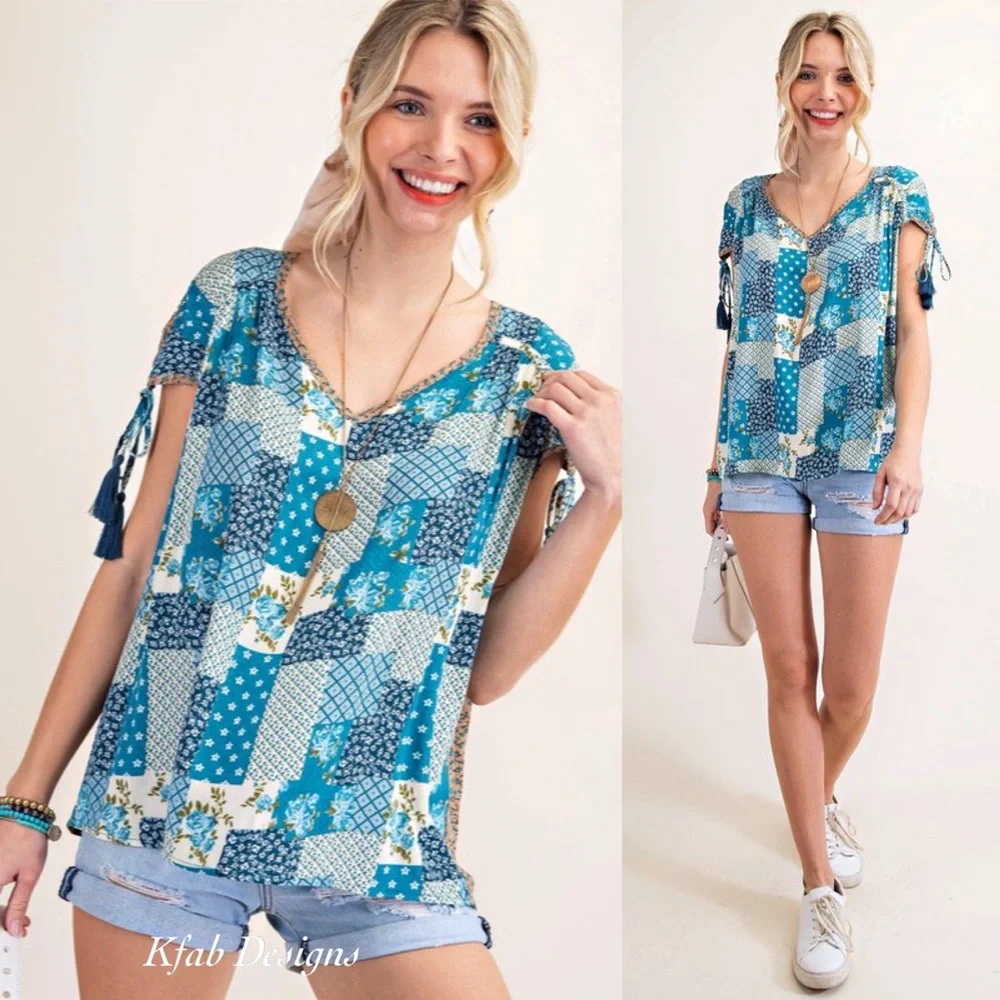 ❤️LAST 2! V Neck Teal Blue Mix Print Boho Crinkle Side Tie Top! - Picture 2 of 8